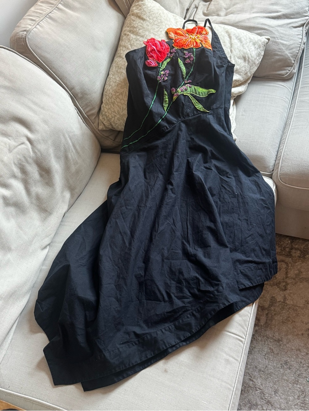 Anthropologie Black One-Shoulder Floral Appliqué Midi Dress - Picture 6 of 8